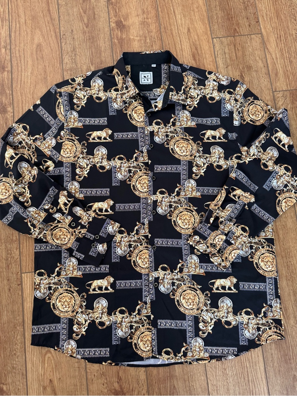 DE-NIKO black & gold luxury button-down shirt, lion graphic pattern 2XL